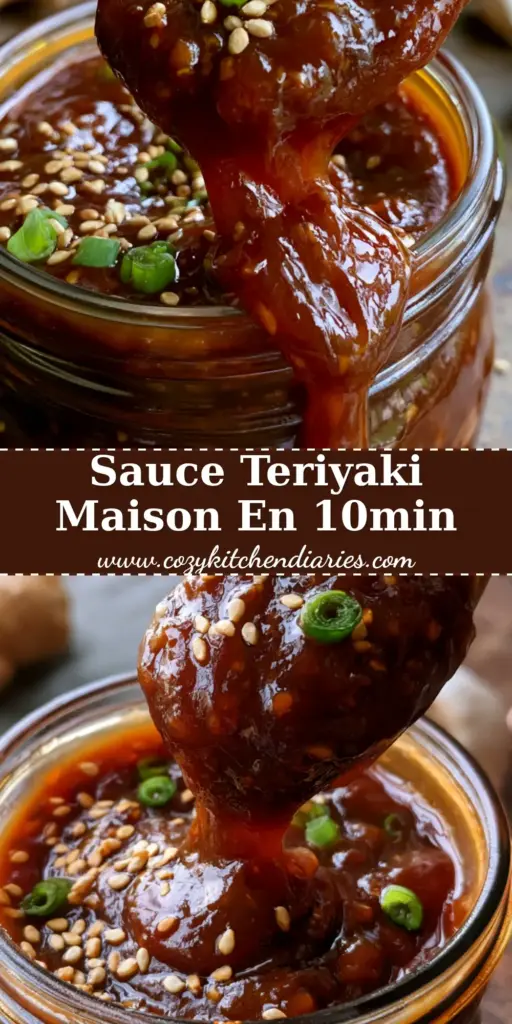 Bocal en verre rempli de sauce teriyaki maison épaisse et brillante, avec une cuillère en bois et des graines de sésame.