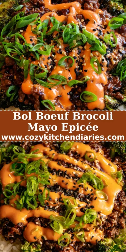 Bol bœuf brocoli gourmet avec bœuf caramélisé, riz blanc et sauce sriracha mayo dans un bol en céramique sombre.