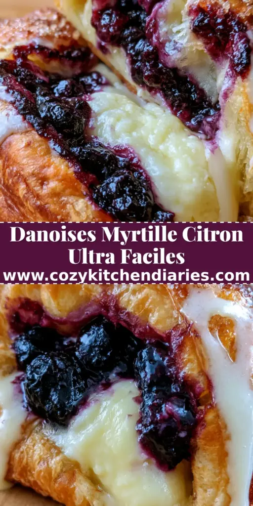 Gros plan sur une danoise aux myrtilles croustillante avec glaçage au citron et sucre perlé. (danoises aux myrtilles)