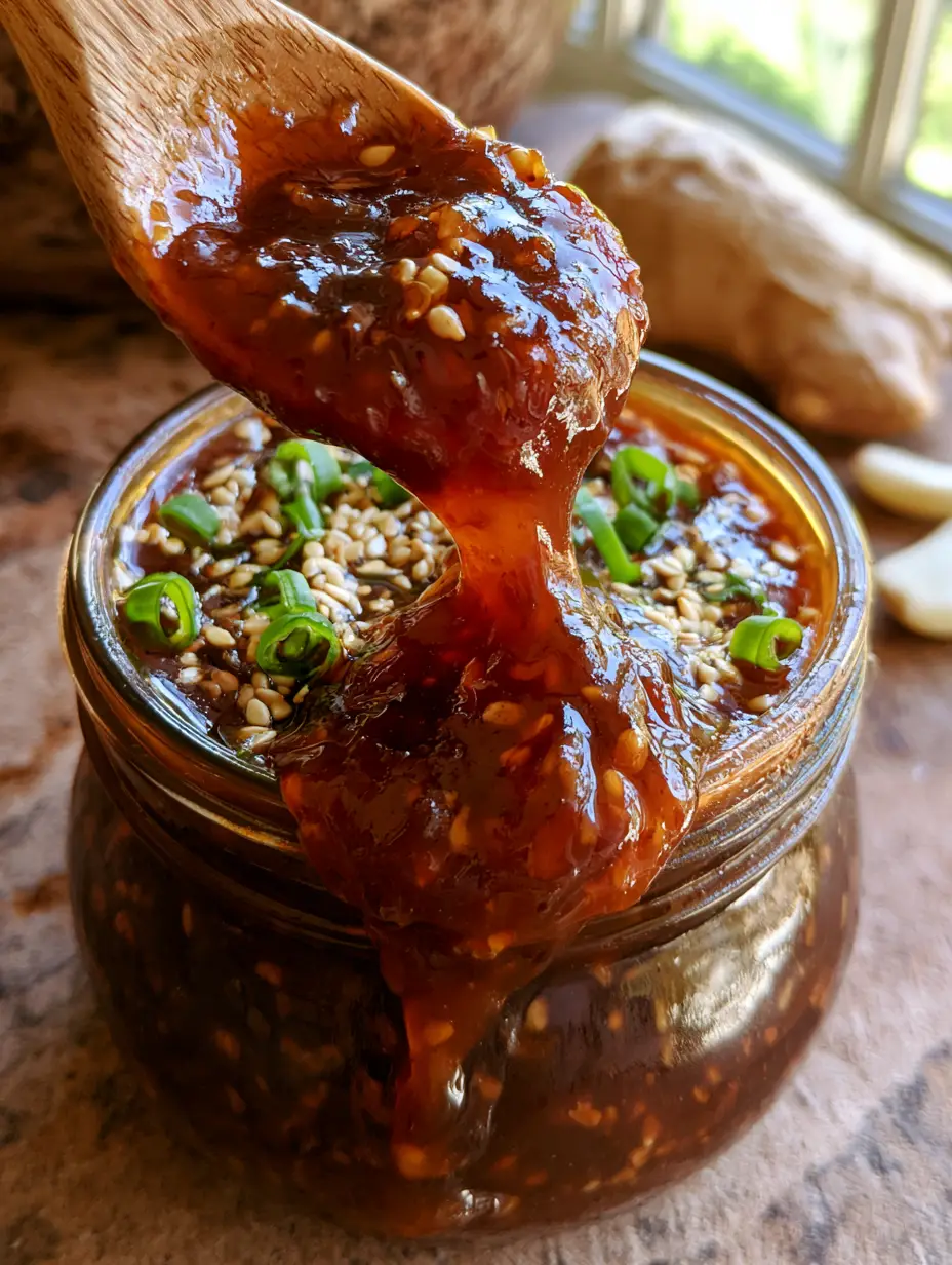 Gros plan sur une sauce teriyaki maison sirupeuse s'écoulant d'une cuillère en bois dans un bocal.
