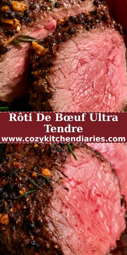 Gros plan d'une tranche de rôti de bœuf juteuse sur une planche en bois rustique avec du poivre concassé et du romarin.