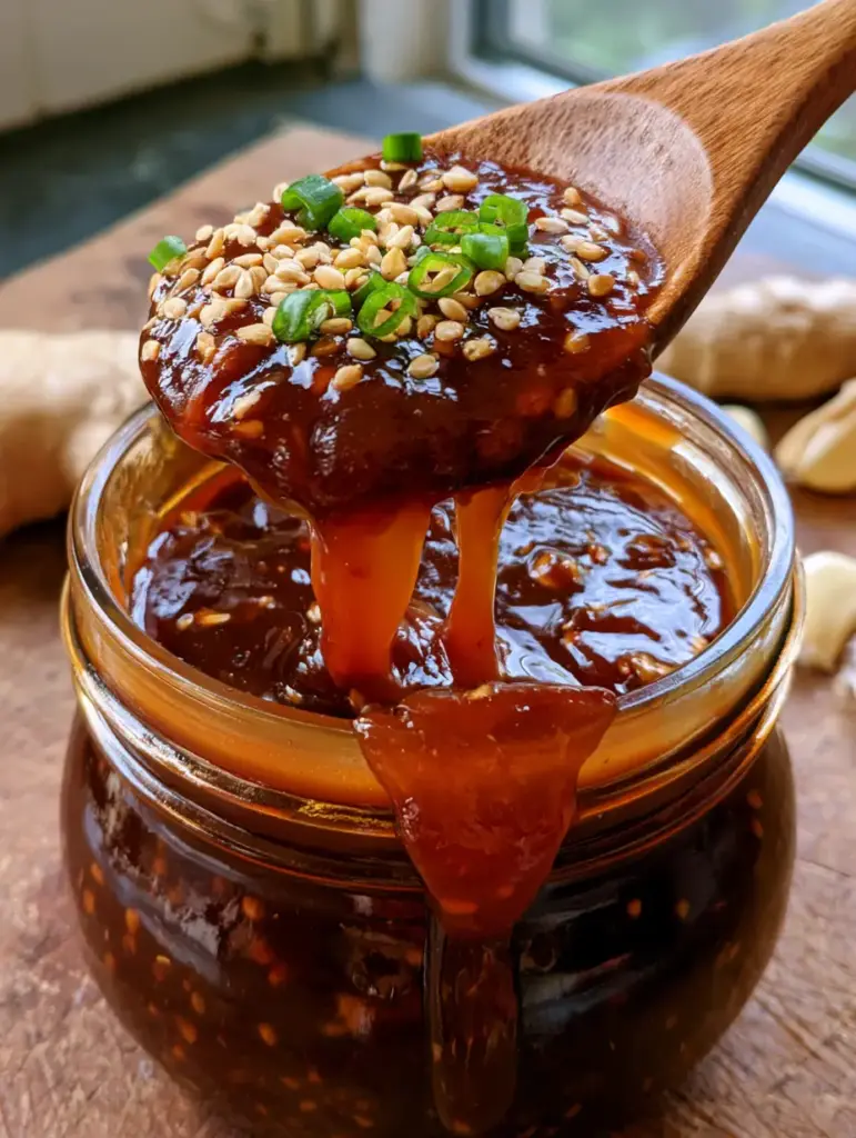 Sauce teriyaki maison dans un bocal saupoudrée d'oignons verts et de sésame, lumière naturelle.