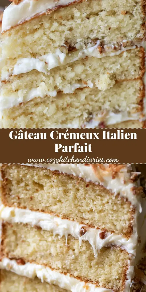 Une part de gâteau crémeux italien aux trois couches avec glaçage au fromage et noix de pécan sur une table rustique. (gâteau crémeux italien)