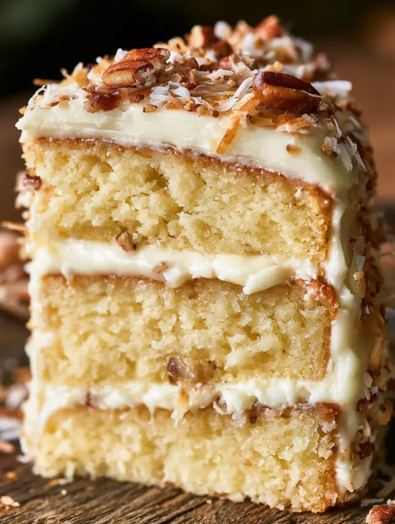 Gros plan sur les couches moelleuses d'un gâteau crémeux italien avec des noix de coco grillées. (gâteau crémeux italien)