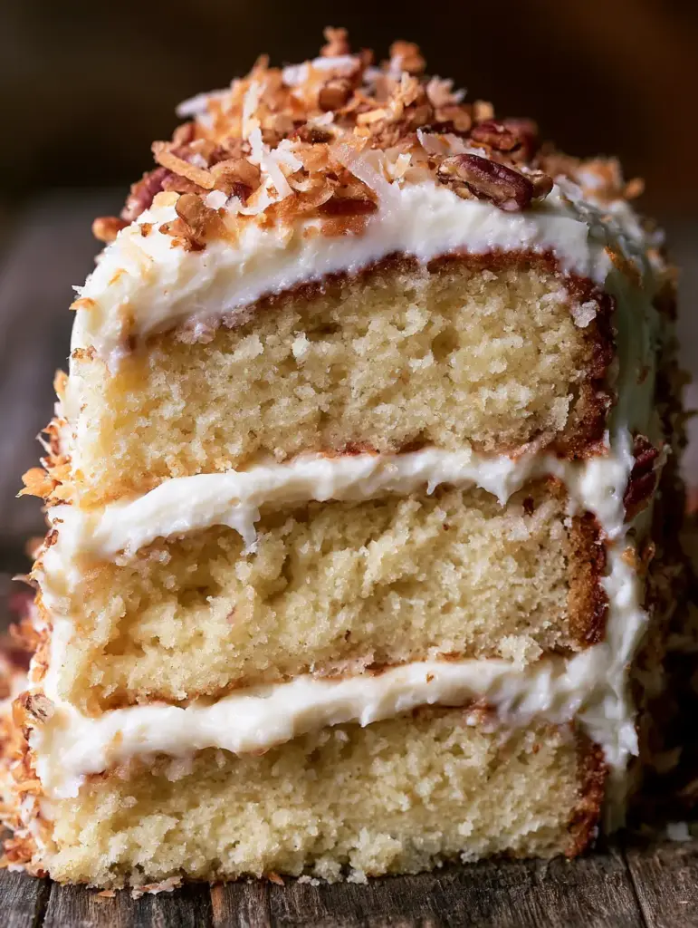 Présentation rustique du gâteau crémeux italien sous une lumière dorée.